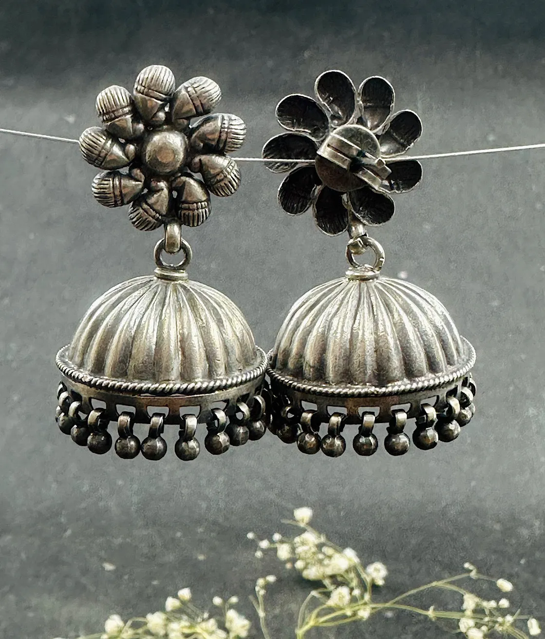 The Vintage Floral Silver Peacock Jhumkas