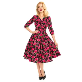 Vintage Black Red Rose Floral Print 3/4 Sleeve 50s Swing Dress