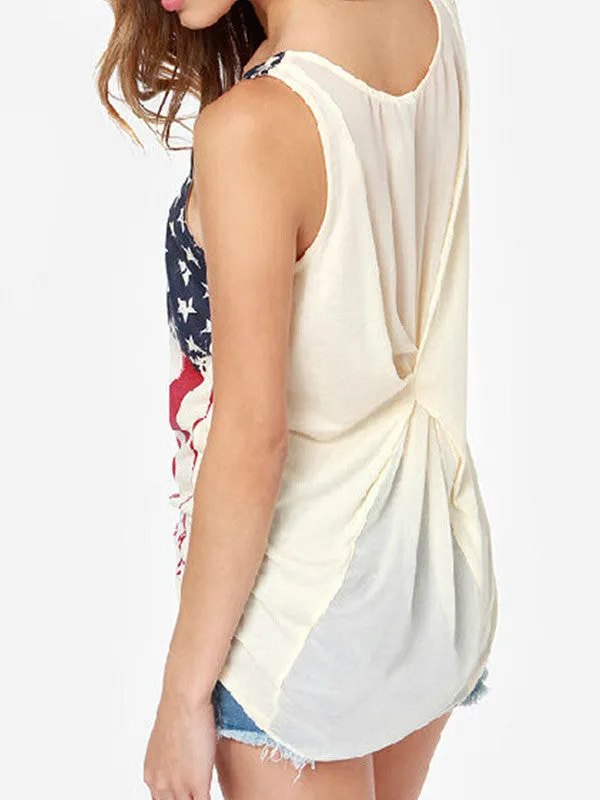 Women Sleeveless American Flag Print T-Shirt